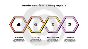 Neobrutalism horizontal progress diagram with 4 hexagons. Concept of four steps of business timeline. Creative