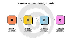 Neobrutalism horizontal progress diagram with four elements. Concept of 4 steps of business timeline. Creative