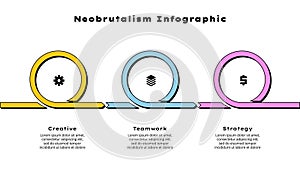 Neobrutalism horizontal progress infographic with 3 options, steps or processes. Retro presentation template