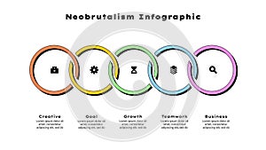 Neobrutalism horizontal timeline. Infographic with 5 options, steps or processes. Retro presentation template