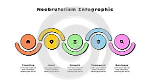 Neobrutalism infographic with 5 circles. Business data visualization for presentation. Concept of timeline business