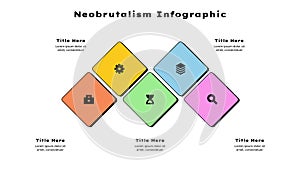 Neobrutalism infographic with 5 squares. Concept of five steps of business timeline