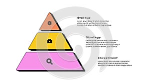 Neobrutalism pyramid infographic element with 3 options, steps or processes. Retro presentation template