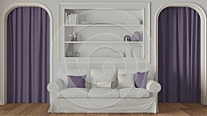 Neoclassic living room close up, molded walls with bookshelf in white and purple tones. Arched doors with curtains and parquet