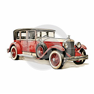 Neoclassic Vintage Drawing Of Antique Car: Dark White, Light Red, Hyperrealistic Illustration