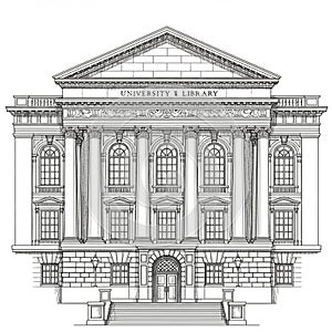 Neoclassical architectural drawing of a university library facade. Features six tall photo