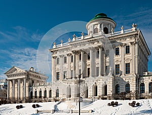 Neoclassical building of Pashkov House in Moscow on winter day