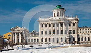 Neoclassical building of Pashkov House in Moscow on winter day