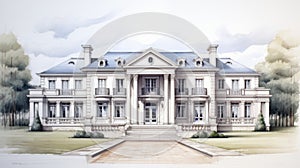 Neoclassical French Provincial Luxury Villa: Architectural Illustration In Pencil