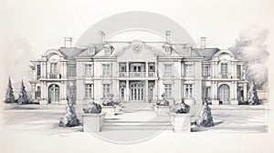 Neoclassical-inspired Pencil Drawing Of Country Luxury Villa Facade