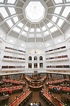 Neoclassical multistory La Trobe Reading Room with skylight doom inside heritage State Library Victoria, Melbourne, Australia