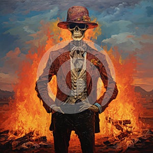 Neoclassicism Skeleton Standing In Fire: A Meticulous Detail Inspired By Lil Nas X