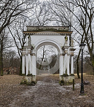 neoclassicism triumphal arch in the palace park, jablonna near warsaw