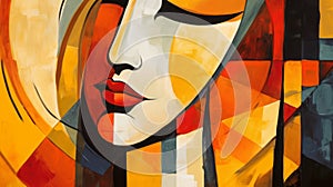 Neocubist Abstract Painting of Woman\'s Face in Orange and Beige