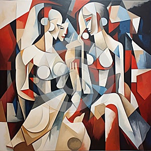 Neocubist Painting: Two Women In Geometric Shapes