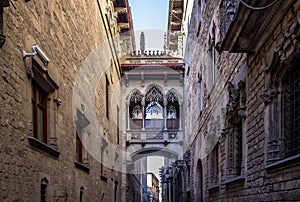 Neogothic bridge at Carrer del Bisbe in Barcelona photo