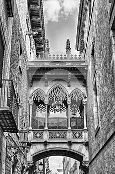 Neogothic bridge in Carrer del Bisbe, Barcelona, Catalonia, Spain