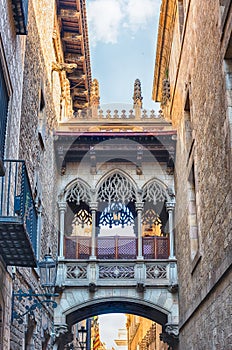 Neogothic bridge in Carrer del Bisbe, Barcelona, Catalonia, Spain photo