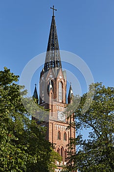 Neogothic red brick church tower in Pori. Finland. Suomi. photo