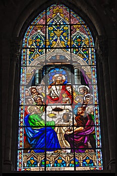 Neogothic stained glass of the Eucharist in the Basilica del Voto Nacional in Quito