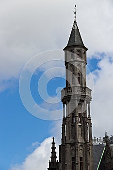 Neogothical architecture details of the Provincial Hof in Bruges