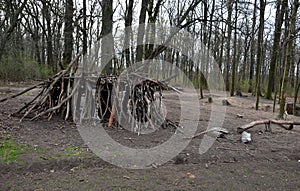 A Neolithic hut, a wooden building of ethnically backward nations, or a survival lodge. logs assembled in the shape of a yurt, ear