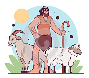 Neolithic Revolution. Animal husbandry origin. Shepherd with a cane grazing