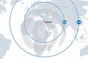 NEOM, short distance flights to major cities within 4 to 6 hours, map photo
