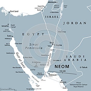 NEOM and Sinai Peninsula, a smart city project, gray political map photo