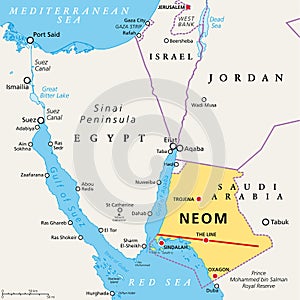 NEOM and the Sinai Peninsula, planned smart city in Saudi Arabia, political map photo