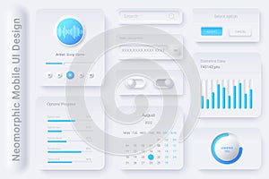 Neomorphic UI UX white design elements kit vector template for Mobile and Web apps Neomorphism style