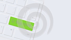 Neomorphism style. Green button buy now with a shopping trolley. White keyboard close-up. 3D realism. Template for