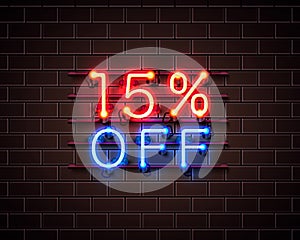 Neon 15 off text banner. Night Sign. Vector