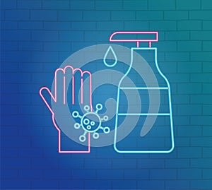 Neon 2019 ncov outbreak pandemic, hand sanitizer dispenser, wash hand