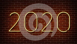 Neon 2020 new year signs   on brick wall. New year party light symbol, text decoration effect. Neon 2020