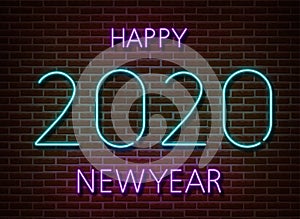 Neon 2020 new year signs   on brick wall. New year party light symbol, text decoration effect. Neon 2020