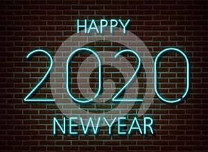 Neon 2020 new year signs   on brick wall. New year party light symbol, text decoration effect. Neon 2020