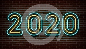 Neon 2020 new year signs   on brick wall. New year party light symbol, text decoration effect. Neon 2020