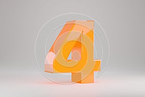Neon 3d number 4. Yellow neon number isolated on white background. 3d rendered font character