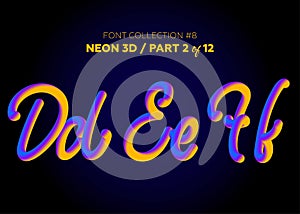 Neon 3D Typeset with Rounded Shapes. Font Set of Painted Letters