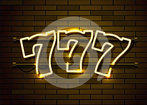 Neon 777 slots sign. Casino neon signboard. Online casino concept.