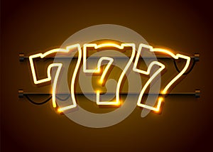 Neon 777 slots sign. Casino neon signboard. Online casino concept.