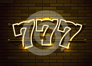 Neon 777 slots sign. Casino neon signboard. Online casino concept