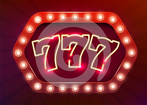 Neon 777 slots sign. Casino neon signboard. Online casino concept