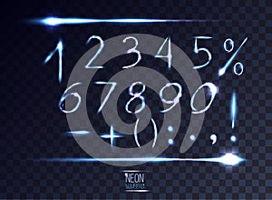 Neon abstract lens numbers and symbols set on transparent backgr