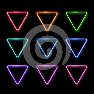 Neon abstract triangle. Colorful glowing frame set