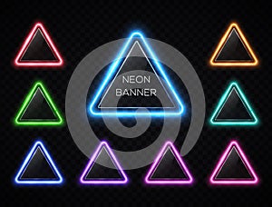 Neon abstract triangle set. Glowing led lamp frame