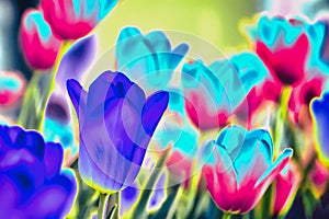 Neon abstract tulips. Fantastic colorful flowers, modern background