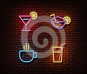 Neon alcohol drinks signs vector isolated on brick wall. Coctail light symbol, decoration effect. Ne