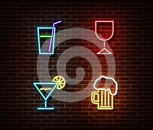 Neon alcohol drinks signs vector isolated on brick wall. Coctail light symbol, decoration effect. Ne